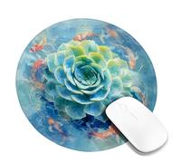 Spring Carp Fish and Succulent Round Mouse Pad, Aqua Watercolor Design for Home Office, Non-Slip Flexible Desk Mat, Ideal for Computer and Gaming Round 8x8 Inch
