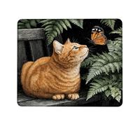 Spring Cat and Butterfly Desk Mouse Pad, Orange Tabby Cat with Nature Elements, Non-Slip Washable Mousepad for Home and Office Use Square 9.4"x7.9"