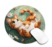 Spring Cat Floral Desk Mouse Pad, Orange Tabby Kitten with Daisies and Butterflies, Non-Slip Washable Mousepad for Home and Office Use Round 8x8 Inch