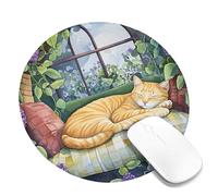 Spring Cat Nap Mouse Pad, Orange Tabby Cat Watercolor Design, Floral Green Ivy Decorative Mousepad, Non-Slip Rubber for Home and Office Use Round 8x8 Inch