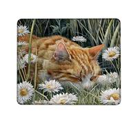 Spring Cat Square Desk Mouse Pad, Orange Tabby Sleeping in Daisies, Stitched Edge Non-Slip Mousepad for Home and Office Use Square 8x10 Inch