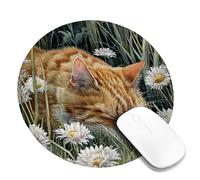 Spring Cat Square Desk Mouse Pad, Orange Tabby Sleeping in Daisies, Stitched Edge Non-Slip Mousepad for Home and Office Use Round 8x8 Inch