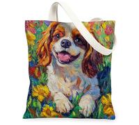 Spring Cavalier King Charles Spaniel Canvas Tote Bag for Shopping 13 * 15, Colorful Flowers Reusable Grocery Shoulder Cloth Bag for Women, Dog Painting Gift Decor