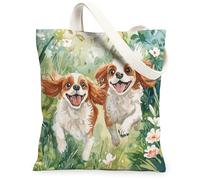 Spring Cavalier King Charles Spaniel Canvas Tote Bag for Shopping 13 * 15, Cute Floral Reusable Grocery Bag for Women, Dog Work Travel Pattern Gift Decor