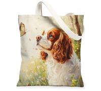 Spring Cavalier King Charles Spaniel Canvas Tote Bag for Shopping 13 * 15, Fun Butterflies Reusable Grocery Shoulder Cloth Bag for Women, Dog Painting Gift Decoration