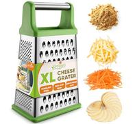 Spring Chef Green Professional Stainless Steel XL Parmesan Cheese Grater with Handle - 4 Sided Box Grater for Kitchen - Dishwasher Safe Food Shredder for Carrot, Potato, Vegetables, Ginger, Hash Brown