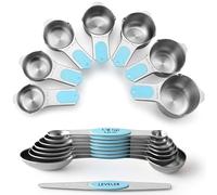 Spring Chef Magnetic Measuring Cups & Spoons Set (Patent Pending), Strong Magnets, Heavy Duty Stainless Steel Fits in Spice Jars for Baking & Cooking, BPA Free, Round Set of 15 with Leveler, Aqua Sky