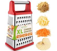Spring Chef Professional Cheese Grater - Stainless Steel 4 Sided Box Grater for Kitchen, XL Size - Perfect Shredder for Parmesan Cheese, Carrot, Potato, Ginger - Dishwasher Safe - Red
