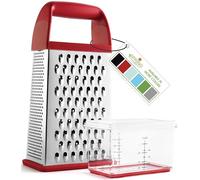 Spring Chef Professional Red 10" Parmesan Cheese Grater With Container, Stainless Steel & Soft Grip Handle, 4 Sided Kitchen Carrot Shredder, Handheld Box Grater for Potato, Veggie, Ginger, Hashbrown