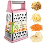Spring Chef Professional Stainless Steel XL Parmesan Cheese Grater with Handle - 4 Sided Box Grater for Kitchen - Dishwasher Safe Carrot Shredder for Potato, Vegetables, Ginger - Pink Lemonade