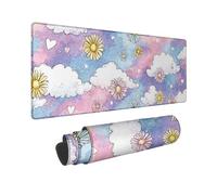 Spring Cloud Floral Large Gaming Mouse Pad, Peach Violet Watercolor Daisy Flower Stitched Edge Mousepad, Rubber Non-Slip Washable Gaming Mouse Pad for Home Office Computer, Laptop 16x36 Inch