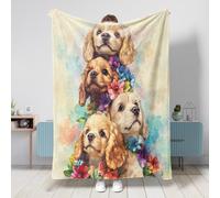 Spring Cocker Spaniel Dog Blanket 50x60 Inch, Funny Fun Flower Floral Warm Soft Cozy Flannel Throw Blankets for Bedroom Camping Travel, Pet Couch Sofa Decor