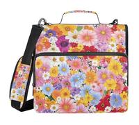 Spring Colorful Flower 3 Ringing Zip Up Binder with Shoulder Strap Laege Capacity Portable Portfolio for Middle Student