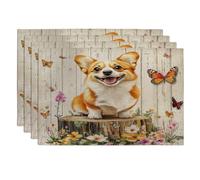 Spring Corgi Dog Placemats Set of 4, 12''x18'', Floral Wood Stump 4Pcs Washable Table Mats for Home Dinning, Pet Holiday Party Kitchen Decoration