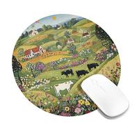 Spring Country Floral Gaming Mouse Pad, Colorful Pastoral Pattern with Cows, Non-Slip Rubber, Washable, for Home and Office, Round, 8 x 8 inches