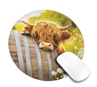 Spring Cow Desk Mouse Pad, Brown Highland Cattle with Barrel and Daisies Non-Slip Mousepad, Washable Gaming Mouse Pad for Home and Office Use Round 8x8 Inch