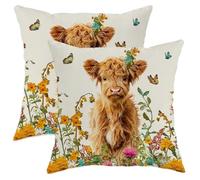 Spring Cow Throw Pillow Covers Set of 2, Cream Floral Highland Cattle Cushion Cases, Farmhouse Decorative Square Covers for Home Sofa Couch Decor 12x12 Inch