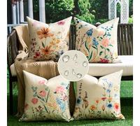 Spring Cushion Covers 45cm x 45cm Outdoor Waterproof, 4 Pack Summer Sofa Cushions Covers Prints with Red Flower and Butterflies, Farmhouse Floral Pillows Case for Living Room Bedroom Garden Home Decor