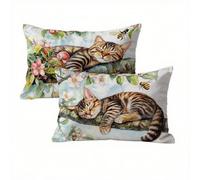 Spring Cushion Covers 60 x 80 cm 2 pack, Cat Outdoor Cushions Waterproof Linen with Invisible Zipper, Funky & Durable Pillow Cases for Bed, Sofa, Garden, Ideal Home Decor for All Seasons K2-248