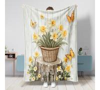Spring Daffodils Blanket 40x50 Inch, Wood Flowers Basket Butterflies Warm Soft Cozy Flannel Throw Blankets for Bedroom Camping Travel, Floral Couch Sofa Decor