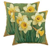 Spring Daffodils Throw Pillow Cover Set of 2 French Floral Aesthetic Retro Vintage Beautiful Green Soft Velvet Square Washable with Zipper Decorative Bedroom Couch Office Cushion Covers 18x18 Inch