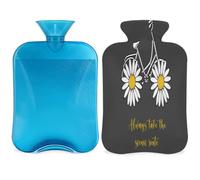 Spring Daisy Flower Hot Water Bottle with Cover 2L, Black Daisy PVC Hot Water Bag for Hand Feet Warmer, Pain Relief,Hot Compress and Cold Therapy