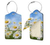 Spring Daisy Flowers Luggage Tag 4 PCS PU Leather Suitcase Tags Identifiers Travel Tags with Privacy Protection and Stainless Steel Loop Luggage Bag Tag for Women Men