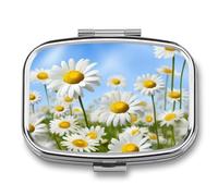 Spring Daisy Flowers Pill Box 2 Compartment Waterproof Pill Case with Mirror Square Container Metal Medicine Box Organizer Portable Vitamin Case for Pocket & Purse Travel