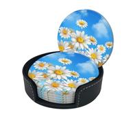 Spring Daisy Flowers Print Round Leather Coasters - Set Of 6, Ultra-Fiber Pu Leather