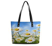 Spring Daisy Flowers Tote Bag Large Soft Leather Purse with Zipper Lightweight Ladies Shoulder Handbag