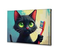 Spring Decor A Black Cat Holding A Colorful Toothbrush. Canvas Decorative Picture Bathroom Pictures Wall Decor Living Room Decor Wal(40x60cm)