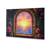 Spring Decor Sunset View From The Rose Garden Window Canvas Decorative Picture Bathroom Decor Wall Art Baptism Decorations(30x40cm)