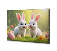 Spring Decor Two Cute White Bunnies In A Colorful Garden. Canvas Decorative Picture Bathroom Pictures Wall Decor Living Room Decor Wal(20x30cm)