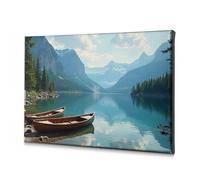 Spring Decor Two Wooden Boats Rest On A Serene Lake Surrounded By Majestic Mountains. Canvas Decorative Picture Bathroom Pictures Wall Decor Living Room Decor Wal(20x30cm)