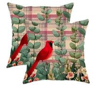 Spring Decorative Pillow Covers Set of 2, Red Cardinal and Eucalyptus Plant Cushion Cases, Farmhouse Style Outdoor Decor for Home Sofa Bed Couch 26x26 Inch