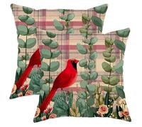 Spring Decorative Pillow Covers Set of 2, Red Cardinal and Eucalyptus Plant Cushion Cases, Farmhouse Style Outdoor Decor for Home Sofa Bed Couch 18x18 Inch