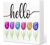 Spring Desk Decor Hello Spring Wood Sign Rustic Flower Spring Block Plaque For Home Dining Room Garden Shelf Tabletop 5x5 Inch