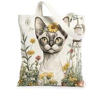 Spring Devon Rex Cat Canvas Tote Bag for Shopping 13x15, Farmhouse Country Kitten Reusable Grocery Print Bag for Women, Farm Pet Beach Aesthetic Painting Gift Decor