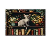 Spring Devon Rex Cat Jigsaw Puzzles for Adults 10000 Piece, Flower Bookshelf Kitten Wooden Printed Puzzles, Fun Pet Pattern Decorations for Home Entertainment