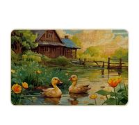 Spring Door Mat Cottage River Farmhouse Duck Floral Plant Cloud Sky Tree Cartoon Yellow Green Rubber Dirt Trapper Duty Decorations Office Classroom Pool Garage Home Washable Absorbent 17x29 inch