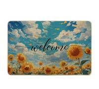 Spring Door Mat Painting Sunflower Sky Cloud Botanical Leaves Floral Cottage bluw Yellow Rubber Non Slip Dirt Trapper Absorbent Front Door Classroom Outside Washable Duty Absorbent 17x29 inch