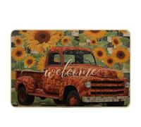 Spring Door Mat Vintage Cottage Plaid Background Sunflower Truck Farmhouse Botanical Orange red Rubber Absorbent Duty Dirt Trapper Bathroom Patio Office Porch Home Washable Absorbent 17x29 inch