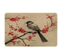 Spring Door Mat Wash and Ink Painting Tree Branch Flower Bird Chinese Style Light Yellow Pink Rubber Non Slip Dirt Trapper Indoor Front Door Classroom Outside Washable Duty Absorbent 17x29 inch