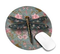 Spring Dragonfly Floral Desk Mouse Pad, Blue Peach Flower Design Stitched Edge Mousepad, Rubber Non-Slip Washable Gaming Mouse Pad for Home and Office Computer, Laptop Round 8x8 Inch