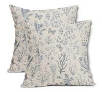 Spring Dusty Blue Floral Pillow Covers 18x18 Inch Vintage Wild Flower Herbs Plant Butterfly Decorative Pillow Cases Botanical Farmhouse Cushion Covers Home Decor For Sofa Couch Outdoor Set of 2