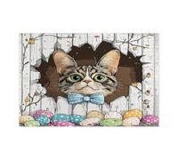 Spring Easter Abyssinian Cat Jigsaw Puzzles for Adults 1000 Piece, Fun Rustic Eggs Kitten Wooden Puzzles, Farmhouse Pattern Decor for Home Entertainment