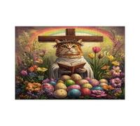Spring Easter Abyssinian Cat Jigsaw Puzzles for Adults 1000 Piece, Retro Cross Eggs Kitten Wooden Printed Puzzles, Country Pattern Decorations for Entertainment Party