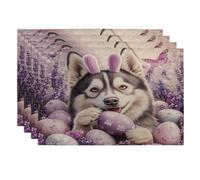 Spring Easter Alaskan Malamutes Dog Placemats Set of 4, 12''x18'', Cute Lavender Eggs 4Pcs Washable Table Mats for Home Dinning, Pet Holiday Party Kitchen Decoration