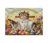 Spring Easter American Shorthair Cat Jigsaw Puzzles for Adults 500 Piece, Retro Cross Eggs Kitten Wooden Printed Puzzles, Country Pattern Decorations for Entertainment Party