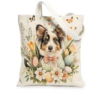 Spring Easter Australian Shepherd Canvas Tote Bag for Shopping 13 * 15, Floral Art Eggs Reusable Grocery Shoulder Cloth Bag for Women, Dog Painting Gift Decor